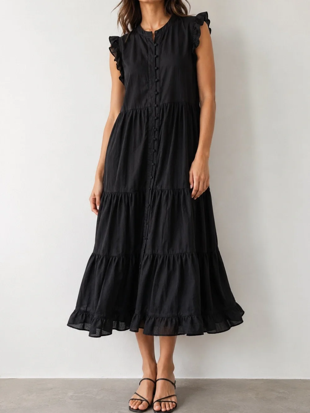 Boden Black Cotton Button Front Flutter Sleeve Minimalist Chic Midi Dress - Picture 1 of 10